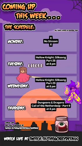 This Week's Stream Schedule - 6/8/2026 📆
.
.
.
#TheGoreyDetails #Twitch #HollowKnightSilkSong #DungeonsAndDragons

Check out ...