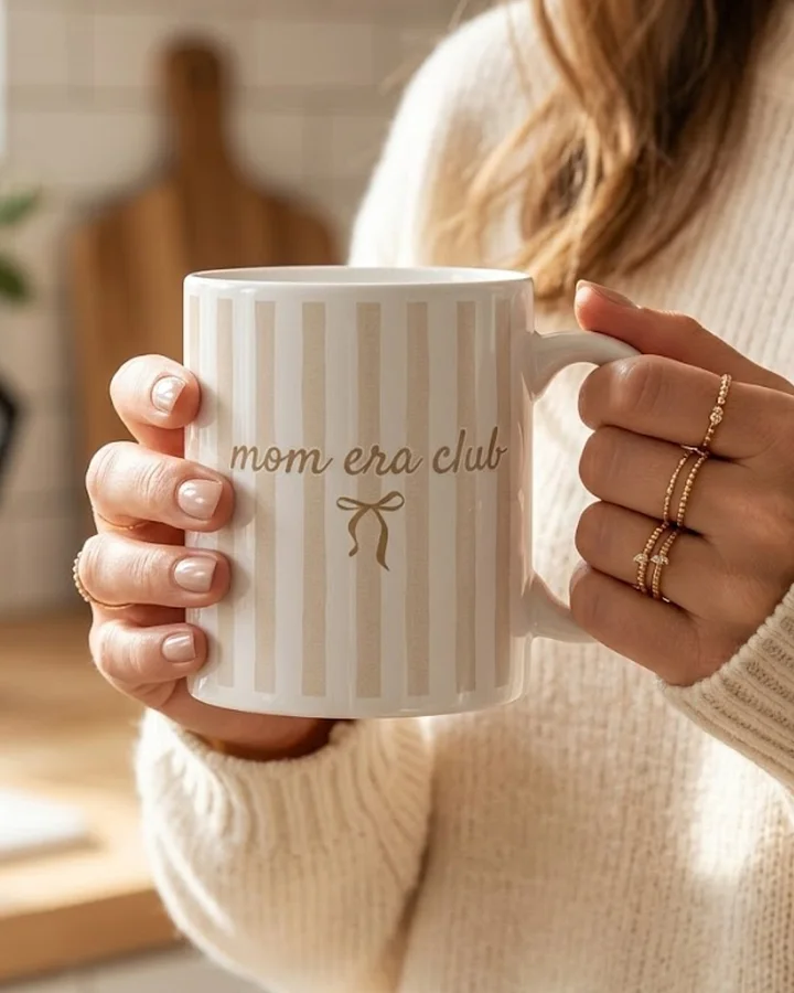 Mom Era Club Coffee Mug | Striped Ceramic Mug – Funny Mom Gift for Millennial Mothers product image (1)