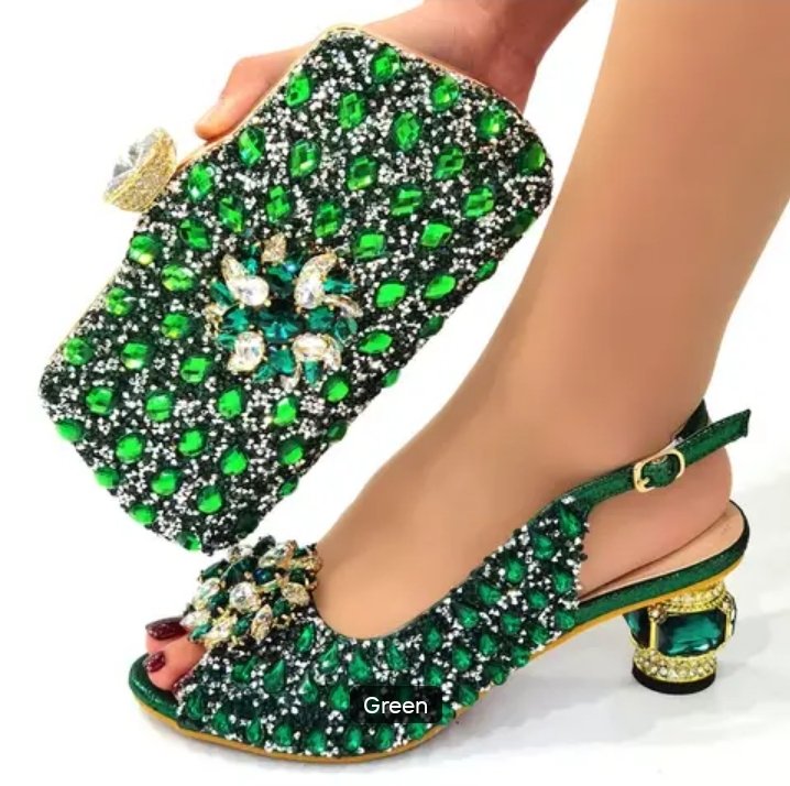 Luxury Italian Women's Rhinestone Shoes and Matching Bag Set(Green) – Elegant Platform Sandals with Block Heels for Weddings, Parties & Evening Events product image (1)