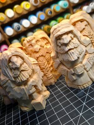 8 dwarves carved up, 4 inches tall, 2inch by 2inch basswood stock. Gonna oil/wax them tonight, then i'll be posting them to the shop tomorrow. Dwarf Drop incoming!!  #woodcarving #whittling #fantasyart #fantasyartist #woodart