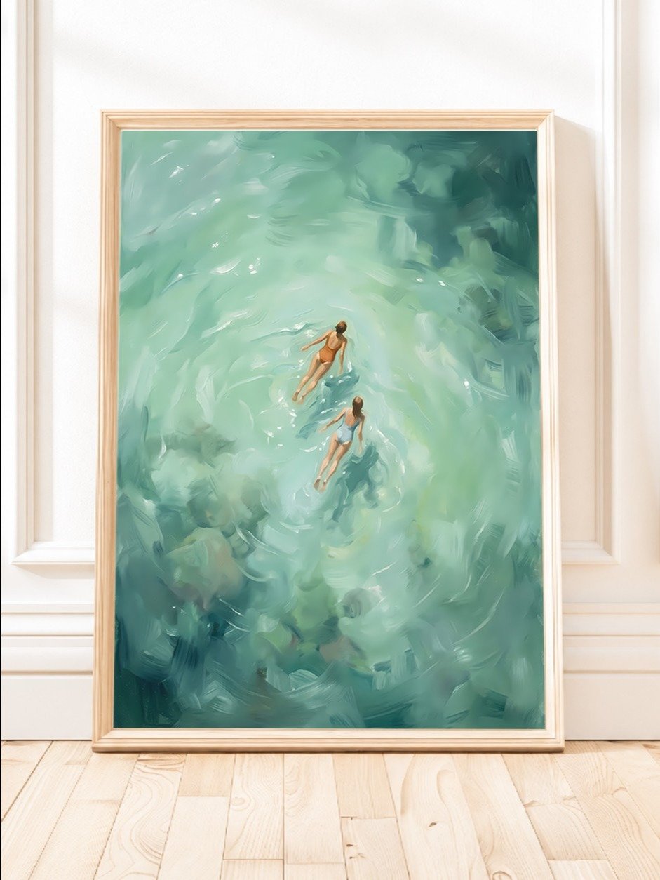 Swimming Women Wall Art | Aqua Pool Painting | Coastal Printable Decor | Minimalist Summer Poster | Digital Download product image (1)