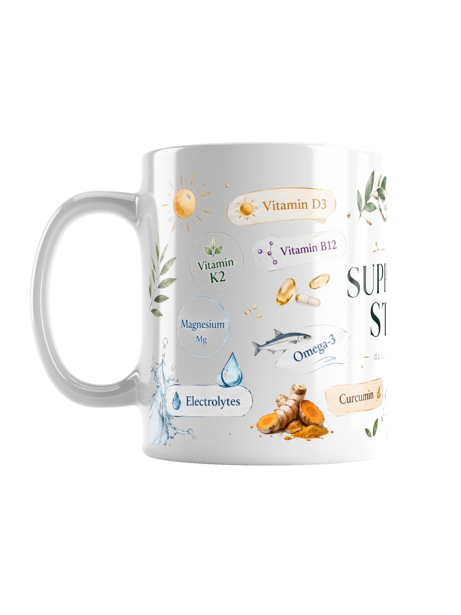 My Supplement Stack Mug wellness coffee cup with vitamin and supplement design