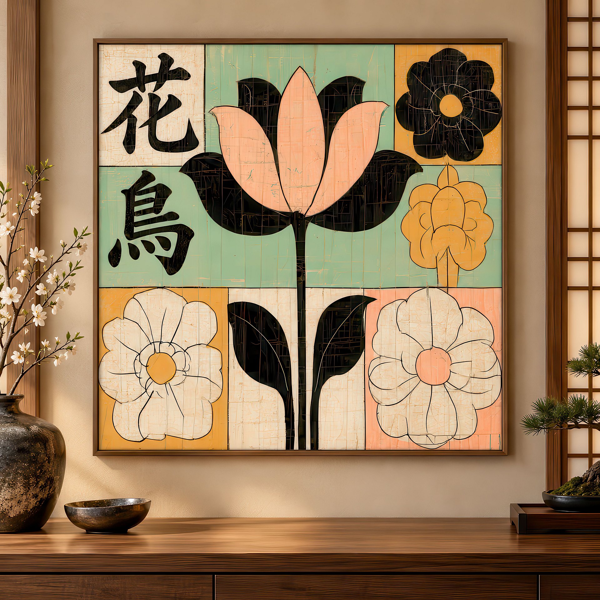 Kyoto Garden | Japanese Floral Modernist | Birch Wood Art Panel | Wall Decor | 24×24″ (60x60 cm) product image (1)