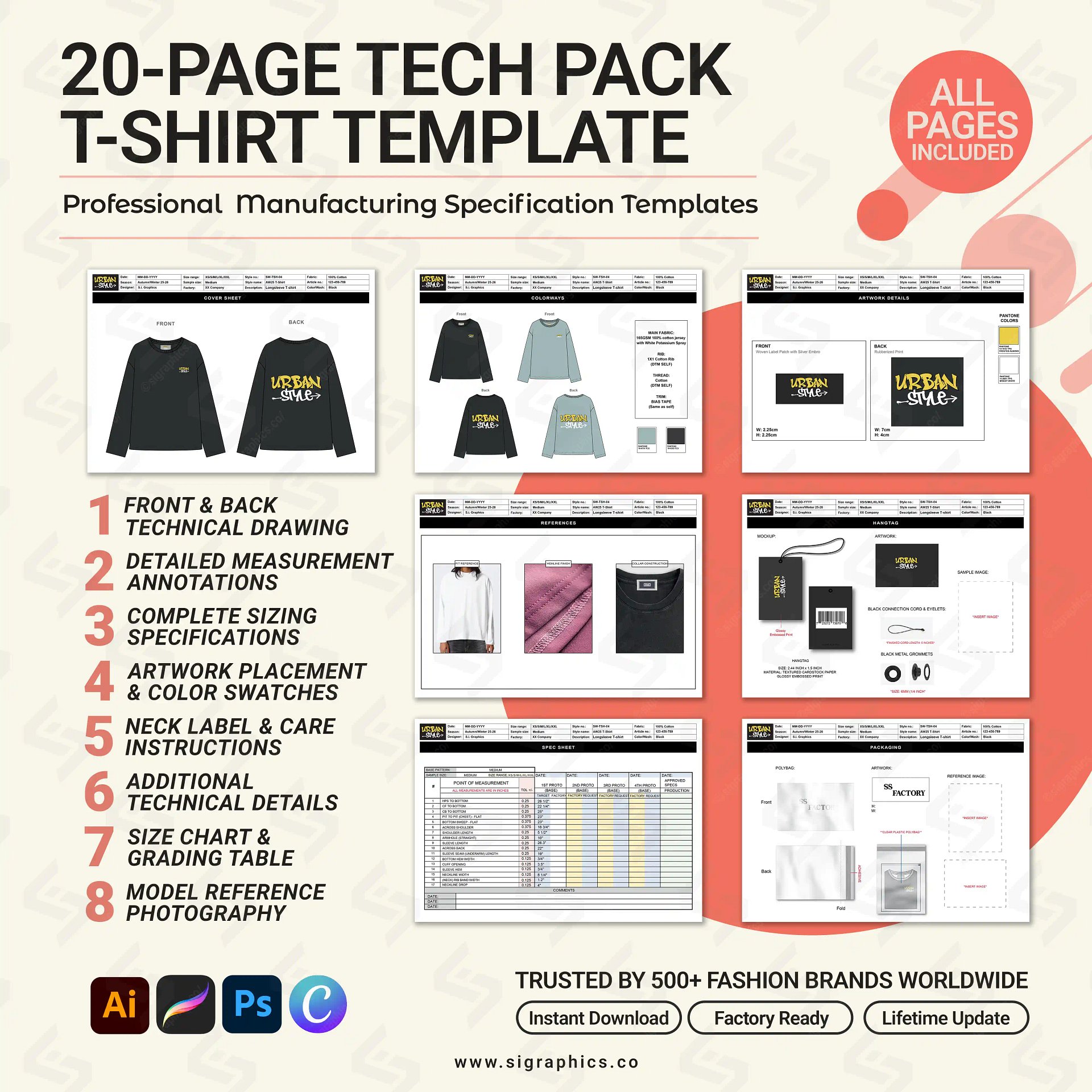 Long Sleeve T-Shirt Tech Pack Template product image (3)
