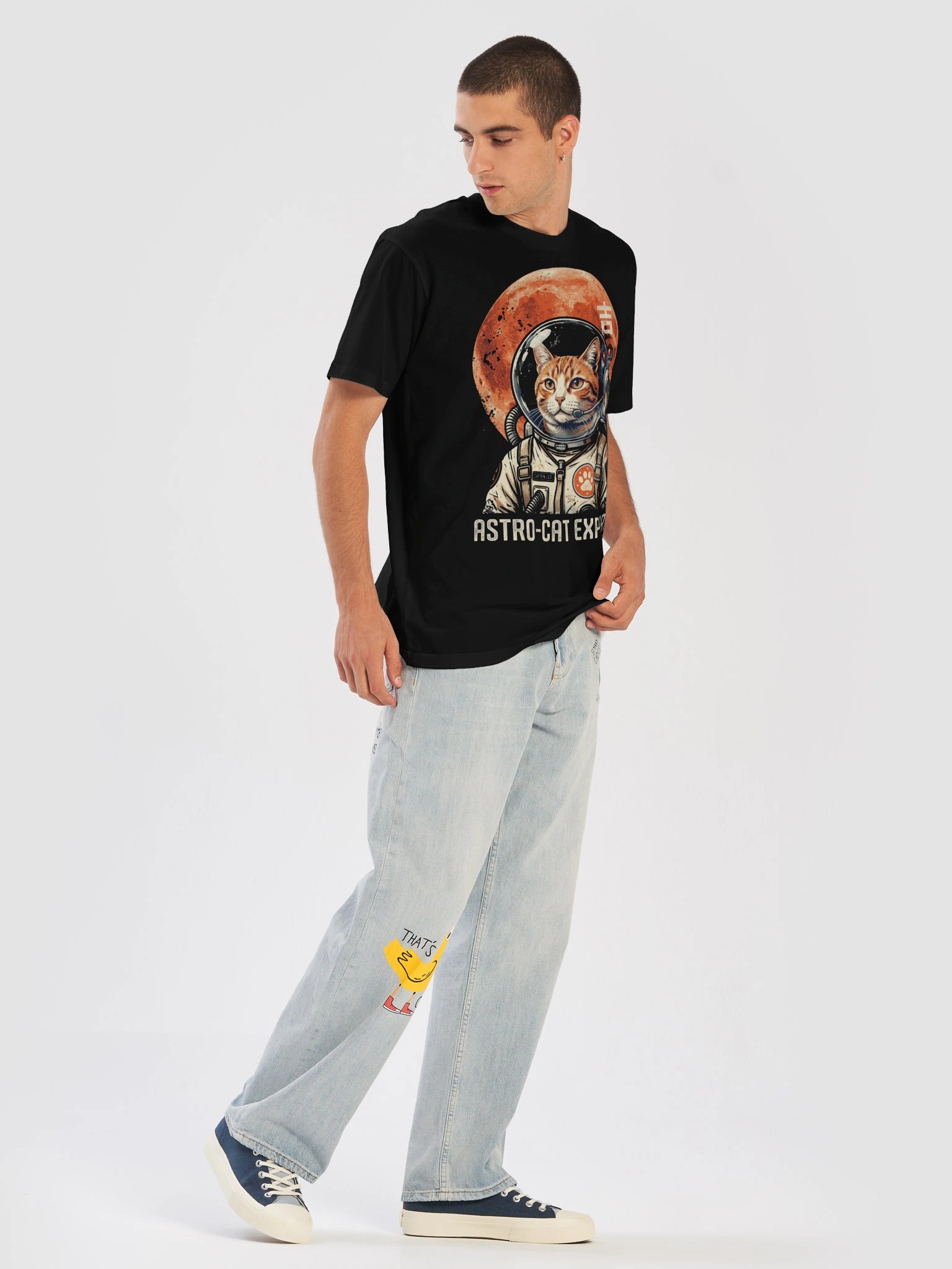 Retro Japanese Lucky Cat Space T-Shirt – Vintage Kanji Graphic Tee, Mid-Century Sci-Fi Aesthetic product image (21)