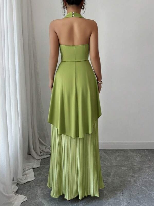Green Halter Maxi Dress — Elegant A-Line High Waist Pleated Dress product image (2)