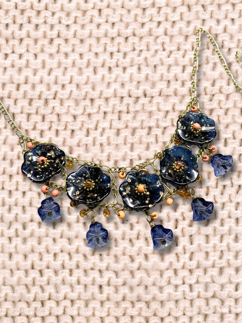Beaded Glass Floral Statement Necklace on Chain - Blue product image (3)