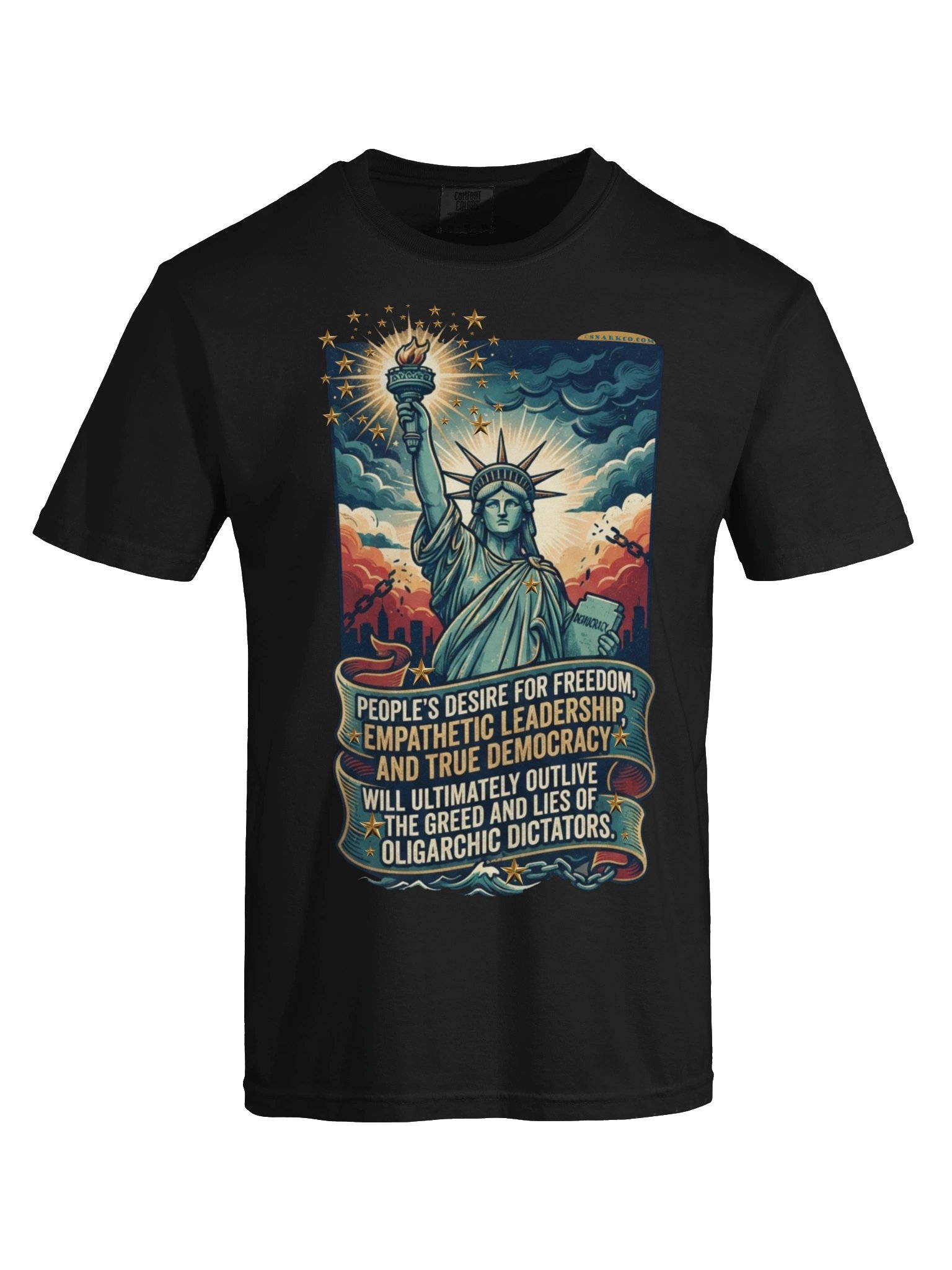 High quality tee says: "People's desire for freedom, empathetic leadership, and true democracy will ultimately outlive the greed and lies of oligarchic dictators." product image (56)