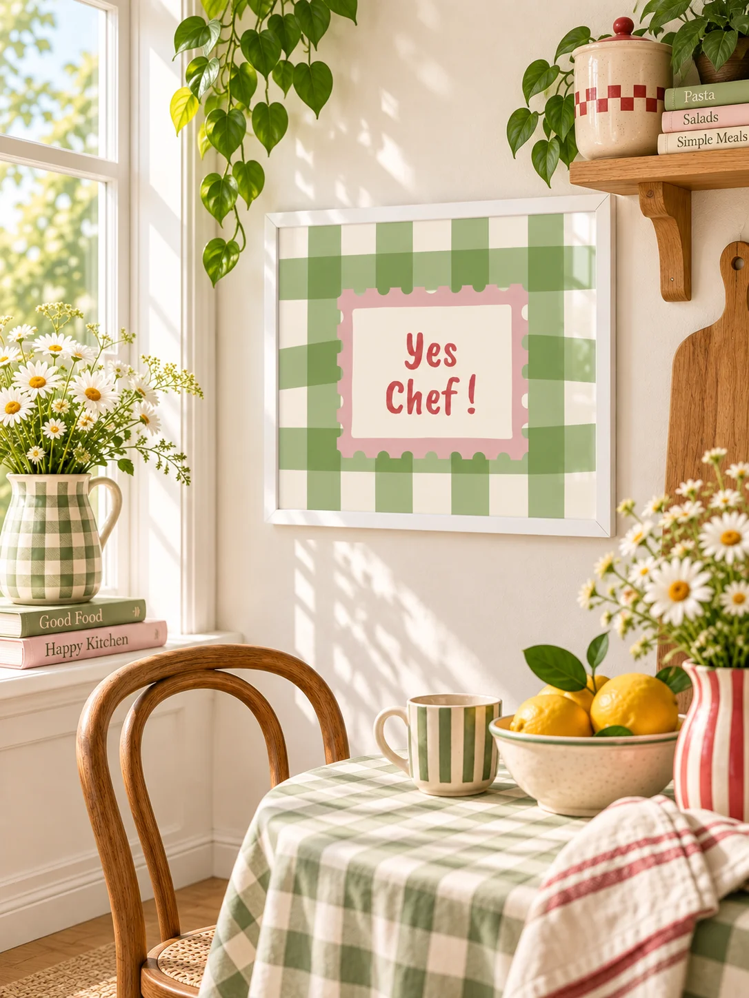 Yes Chef Printable Kitchen Wall Art | Green Gingham Retro Typography Poster product image (8)