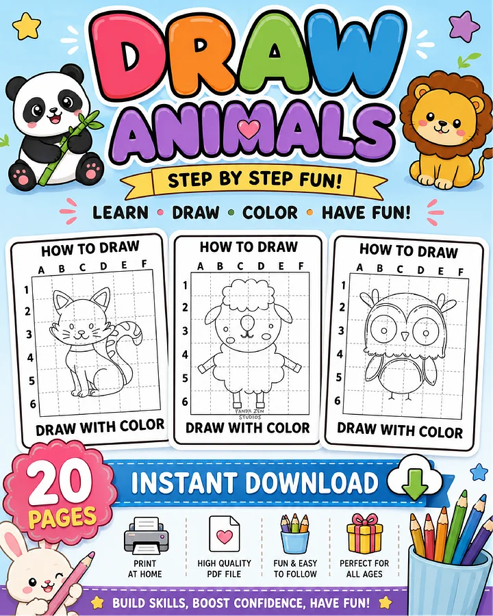 How to Draw Animals for Kids Printable | 20 Easy Step-by-Step Drawing Pages product image (1)