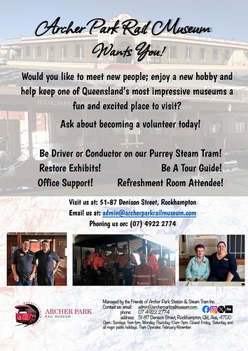 Archer Park Rail Museum is after volunteers! If you’re interested in becoming a volunteer, contact us on (07) 4922 2774; via ...