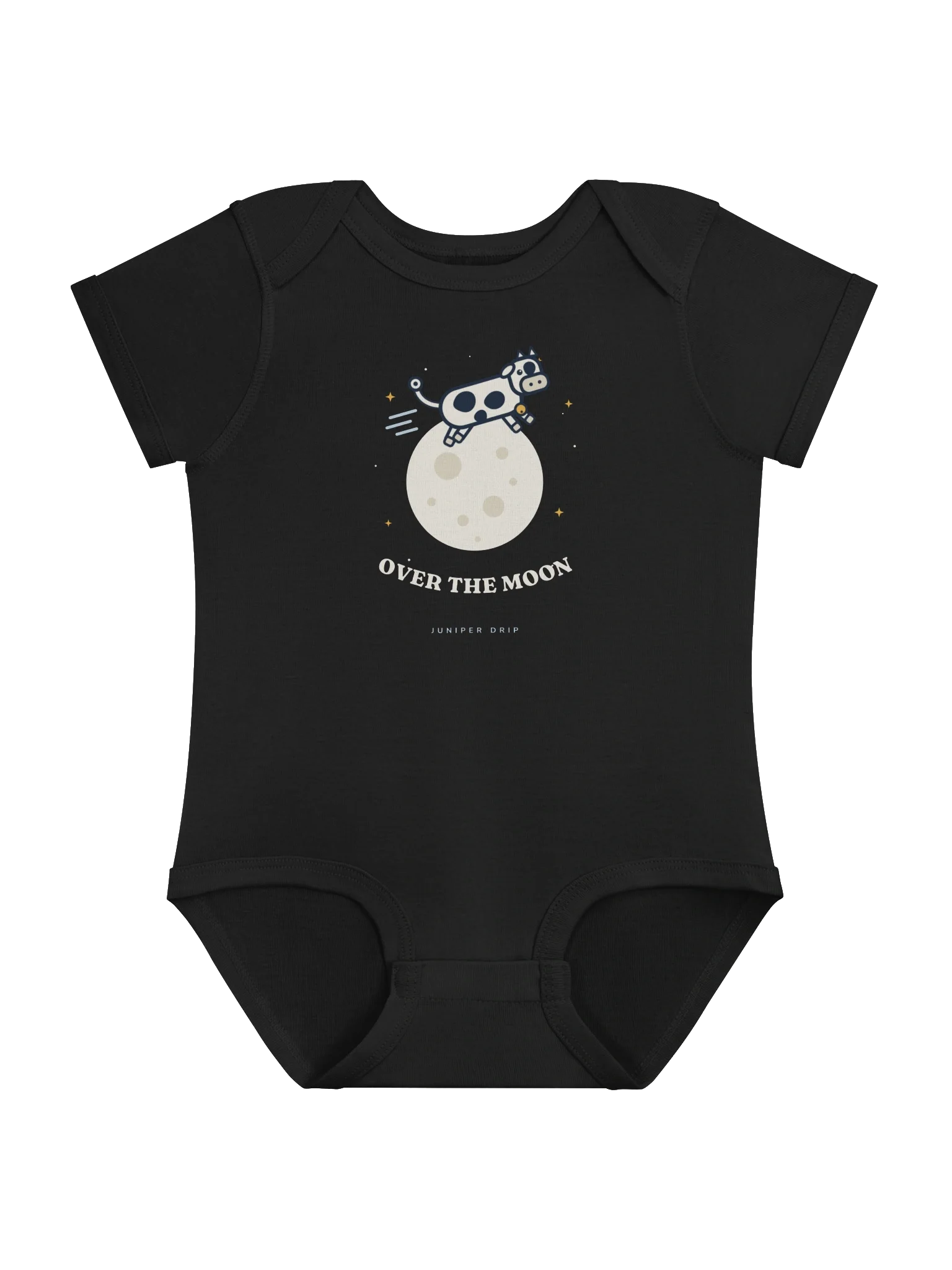 Over the Moon Baby Bodysuit in Black: a cow jumping over the moon