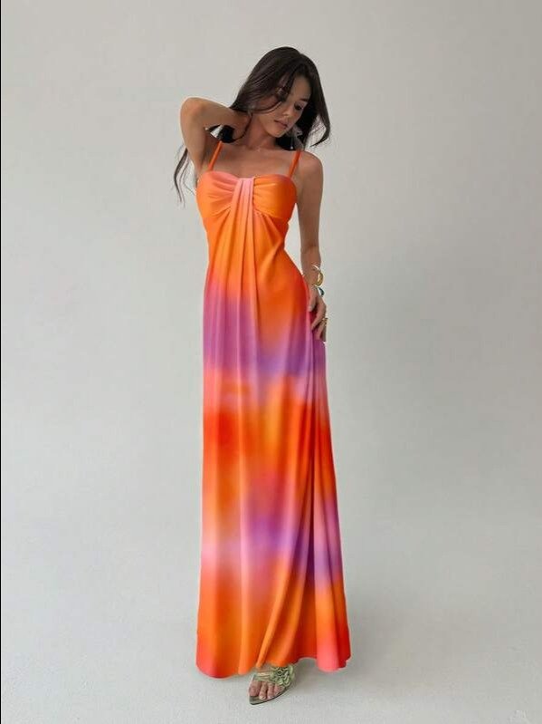 Aloruh Elegant Modest Sexy Tropical Burnt Orange Print Slip Dress For Summer Vacation, Suitable For Beach Vacation, Music Festival, Hawaii Holiday product image (2)