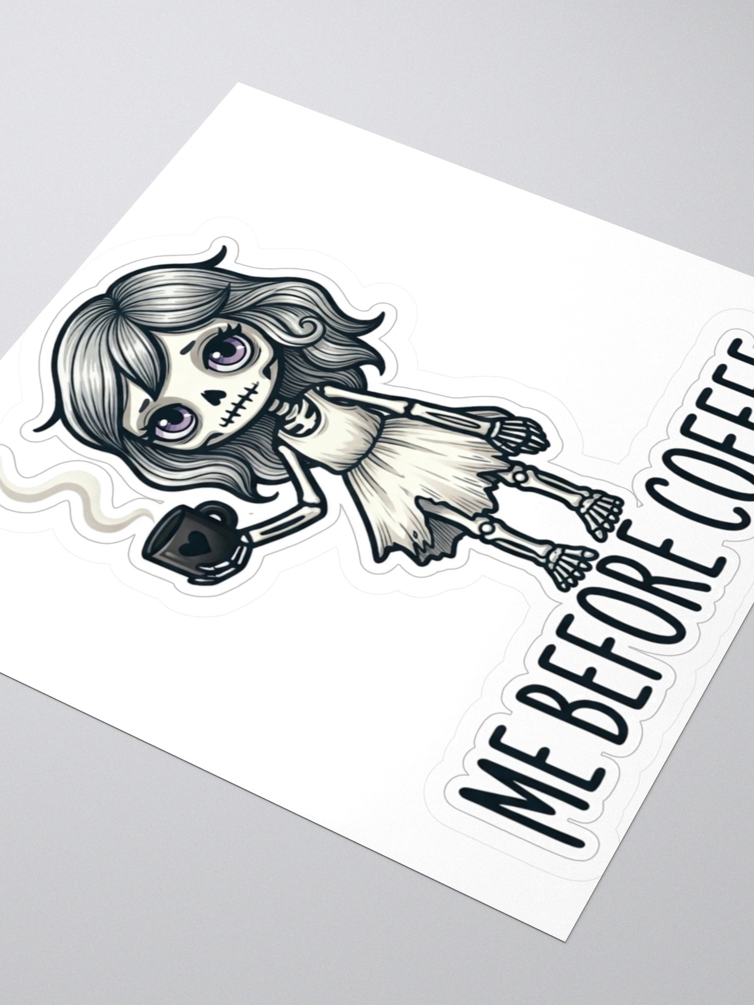 "Me Before Coffee" Skeleton Girl Kiss-Cut Sticker | Me Before Coffee Collection product image (2)