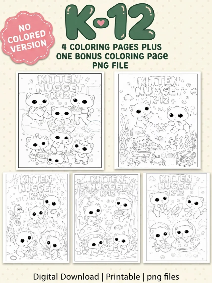 Digital Download, Printable Coloring Page Kitten Nugget K-12, Four Coloring Pages Plus Bonus Page. product image (1)