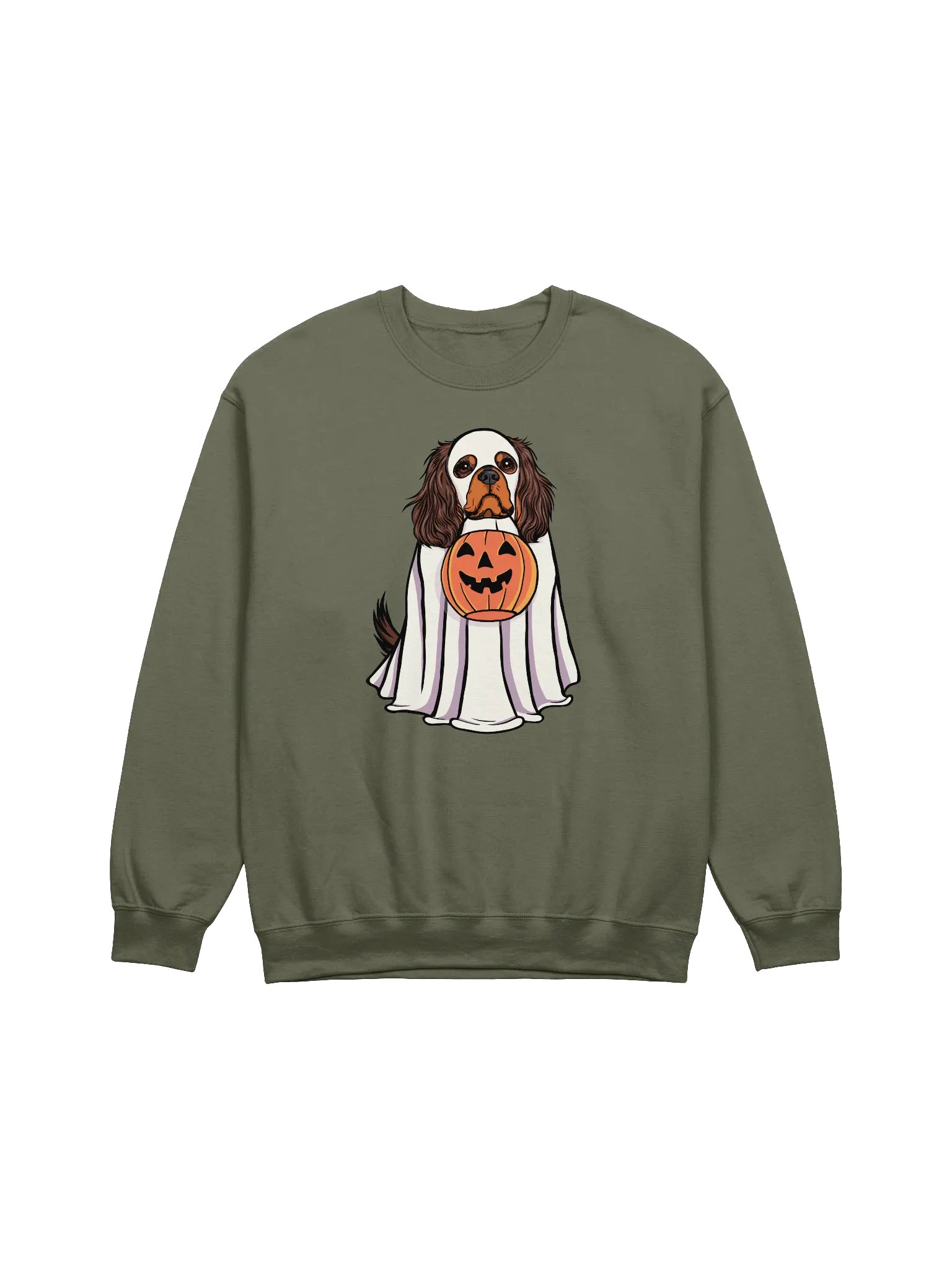 Funny Halloween Cavalier King Charles Spaniel(Brown & Tan) Sweatshirt | Funny Cavalier Wearing a Ghost Costume and Holding a Pumpkin Basket product image (1)