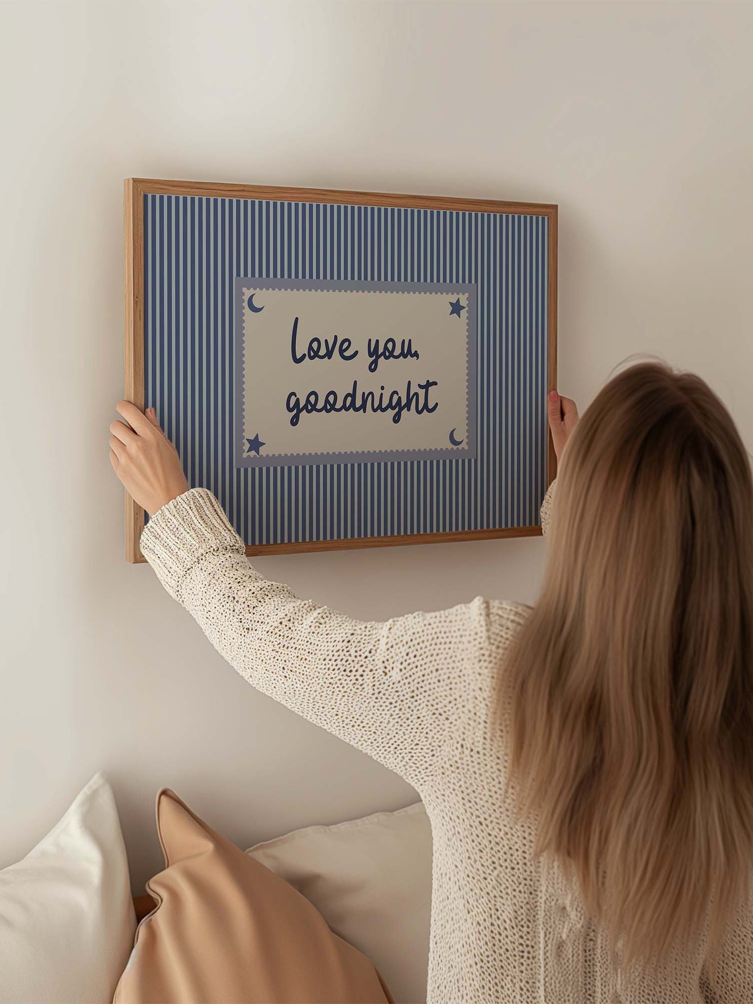 Love You Goodnight Print, Blue Striped Bedroom Wall Art, Handwritten Bedtime Quote, Nursery Decor, Horizontal Digital Download product image (5)