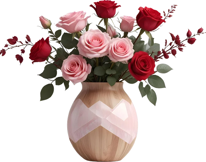 Romantic Wood and Rose Quartz Vase with Elegant Rose Bouquet PNG product image (1)