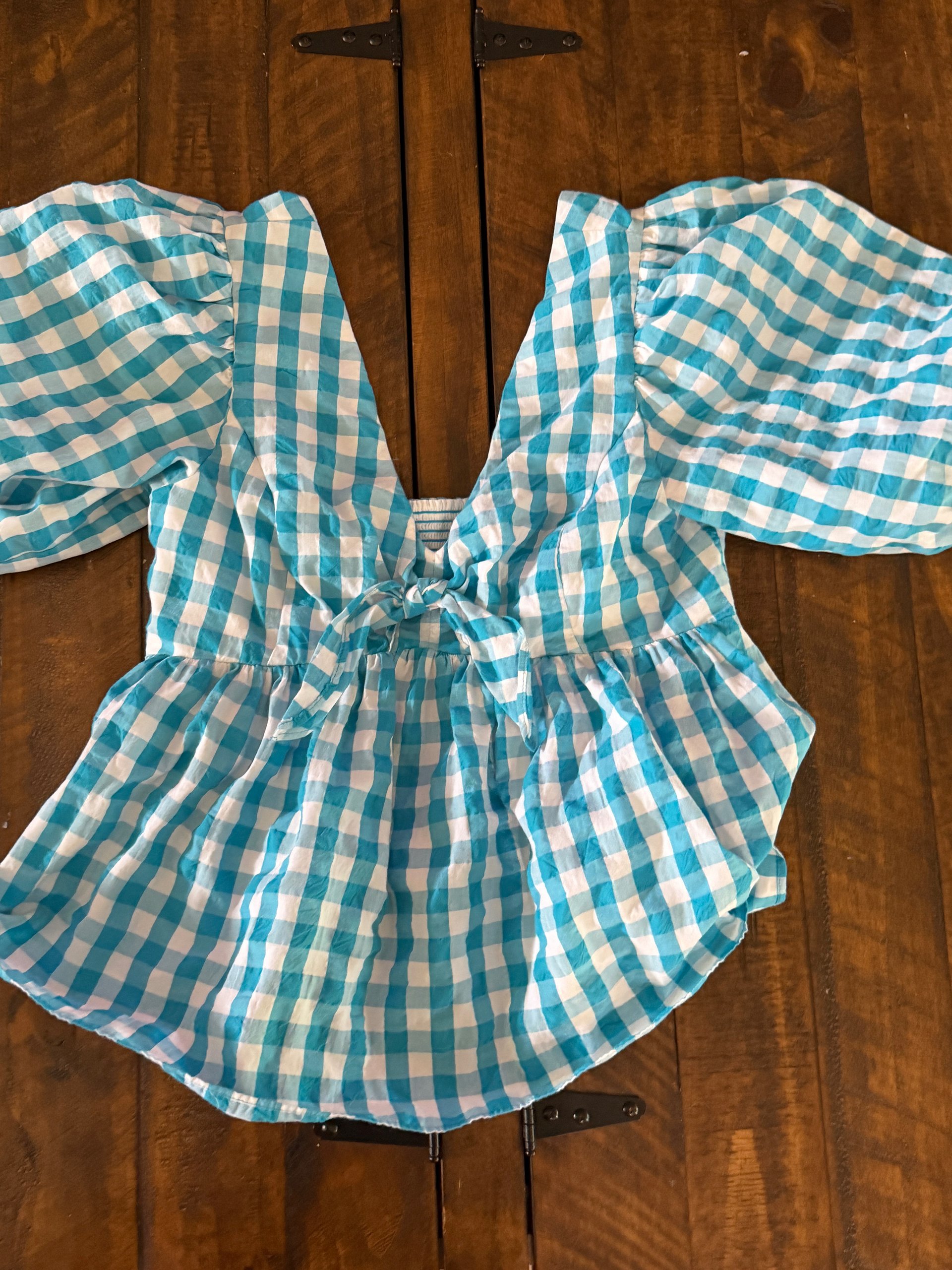 Lily Pulitzer Blue & White Gingham Puff Sleeve Tie Front Peplum Top product image (1)
