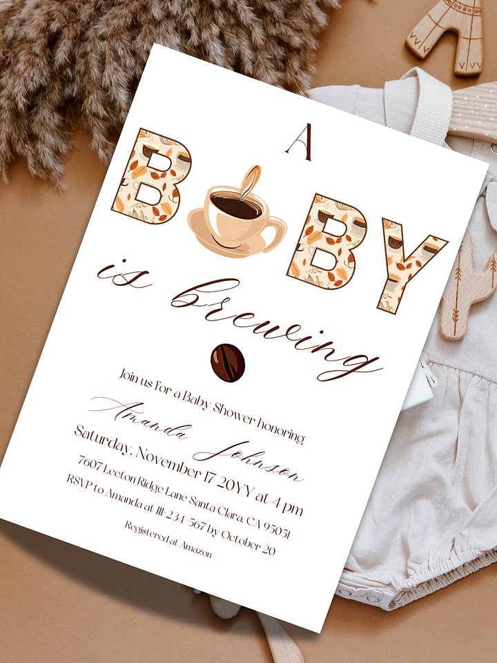 Coffee Themed Baby Shower Invitation, Rustic Brown and Beige Baby Shower Party, A Baby is Brewing Brunch Invitation, Digital Download product image (1)