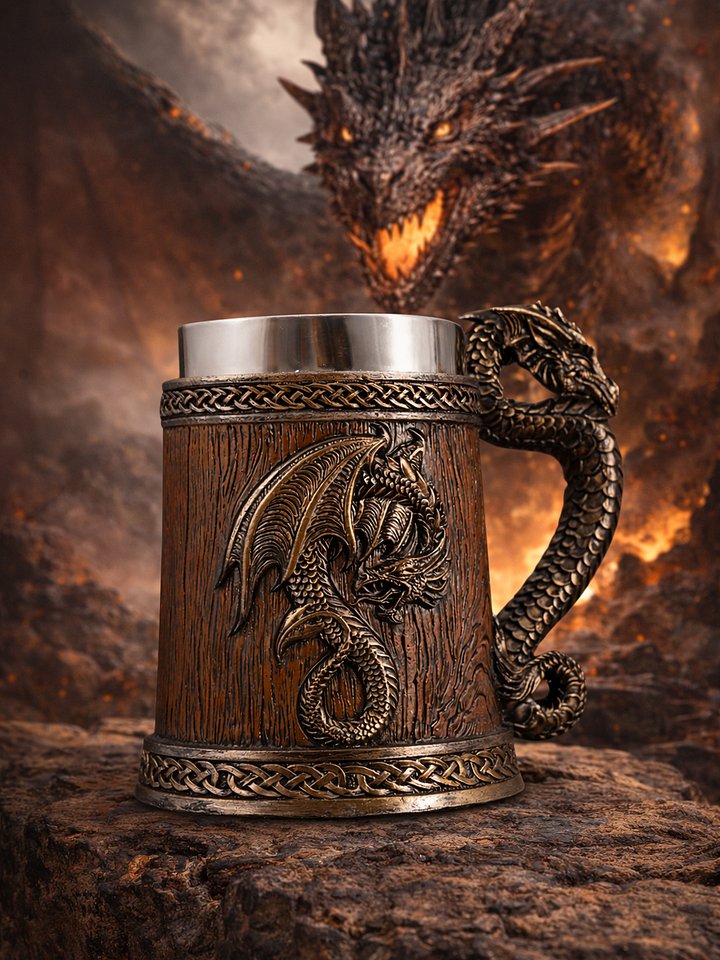 The Armored Kingdom Walnut Brown Battleborn Dragon Mug-Handcrafted-Solid Construction-Easy Grip product image (1)