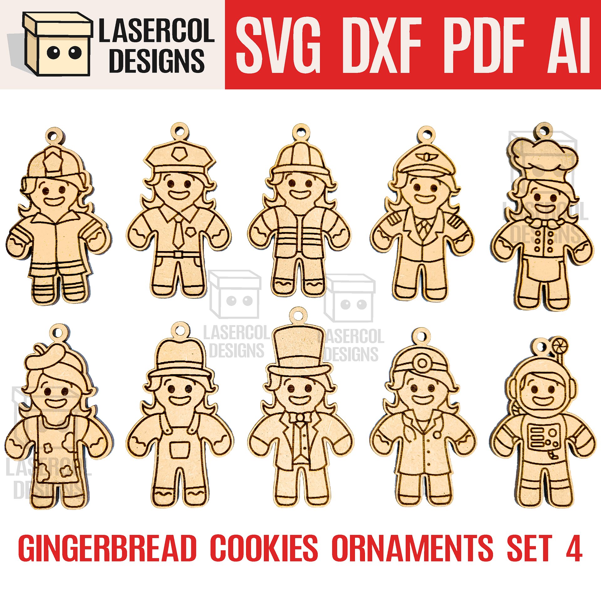 Gingerbread Cookies Christmas Ornaments Set 4 - Laser Cut Files product image (1)