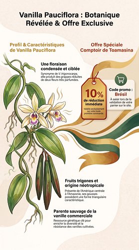 Le genre Vanilla compte plus d'une centaine d'espèces répertoriées à travers le monde, et Vanilla pauciflora en fait partie, ...
