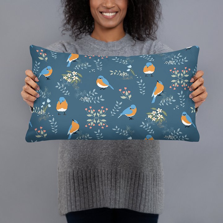 “Best of Both Worlds” Bluebirds & Flowers Pillow in Blue product image (1)
