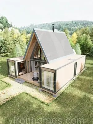 cozy interiors, A shipping container meets an A Frame house with 3 bedrooms, a private office and open space living ! #vironhomes #aframe #housedesign #floorplans #blueprints 