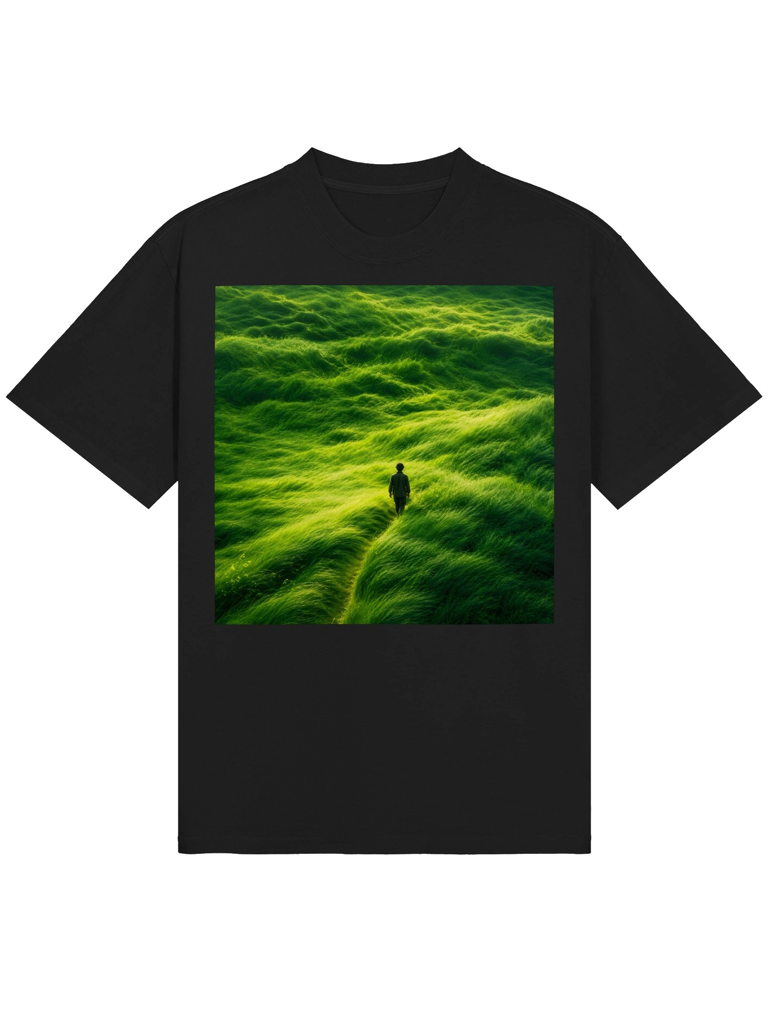 Emerald Green Grass Landscape T-Shirt | Surreal Nature Unisex Oversized Graphic Tee product image (2)