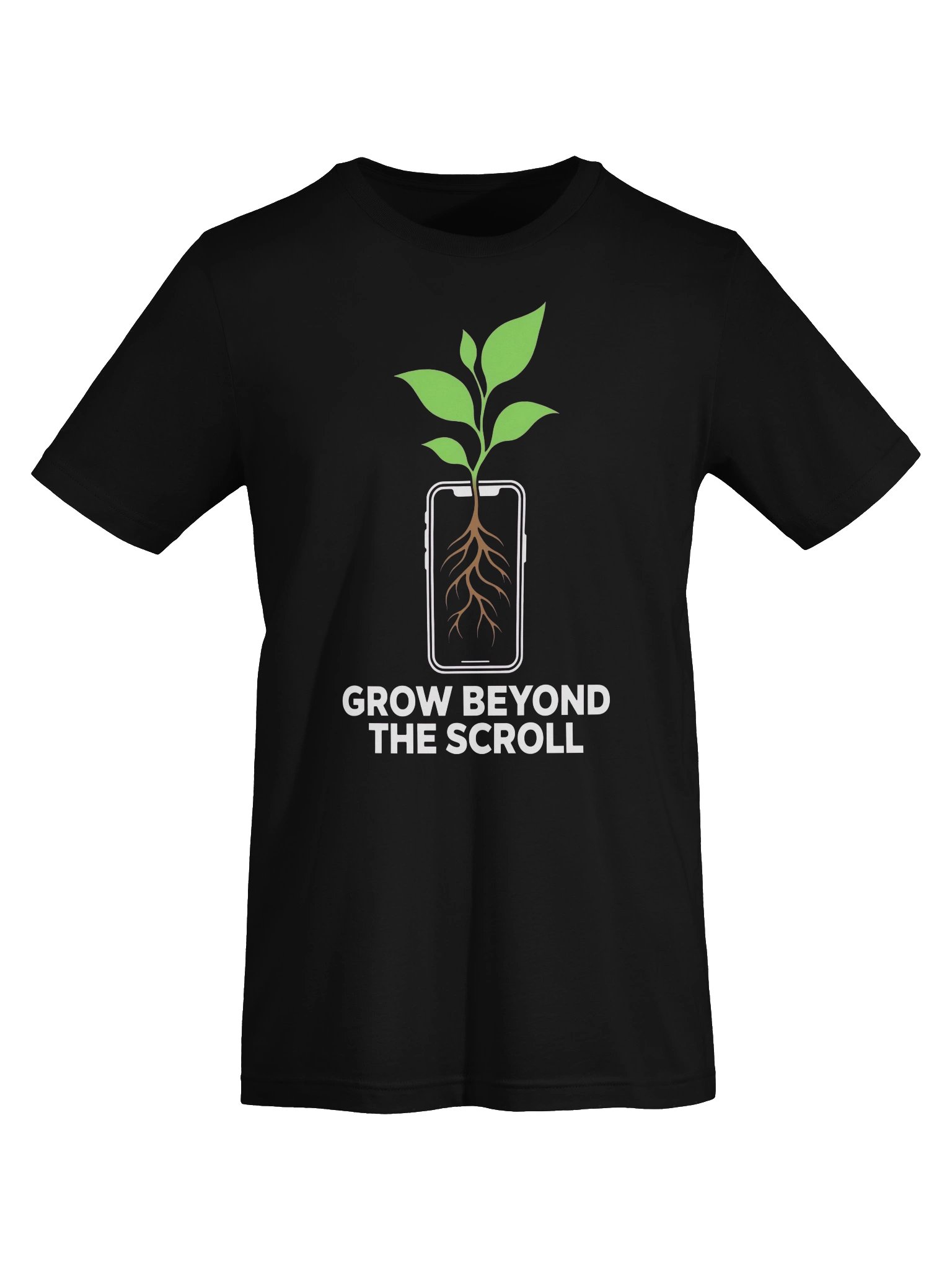 Grow Beyond the Scroll Plant Phone T-Shirt – Black Edition product image (4)