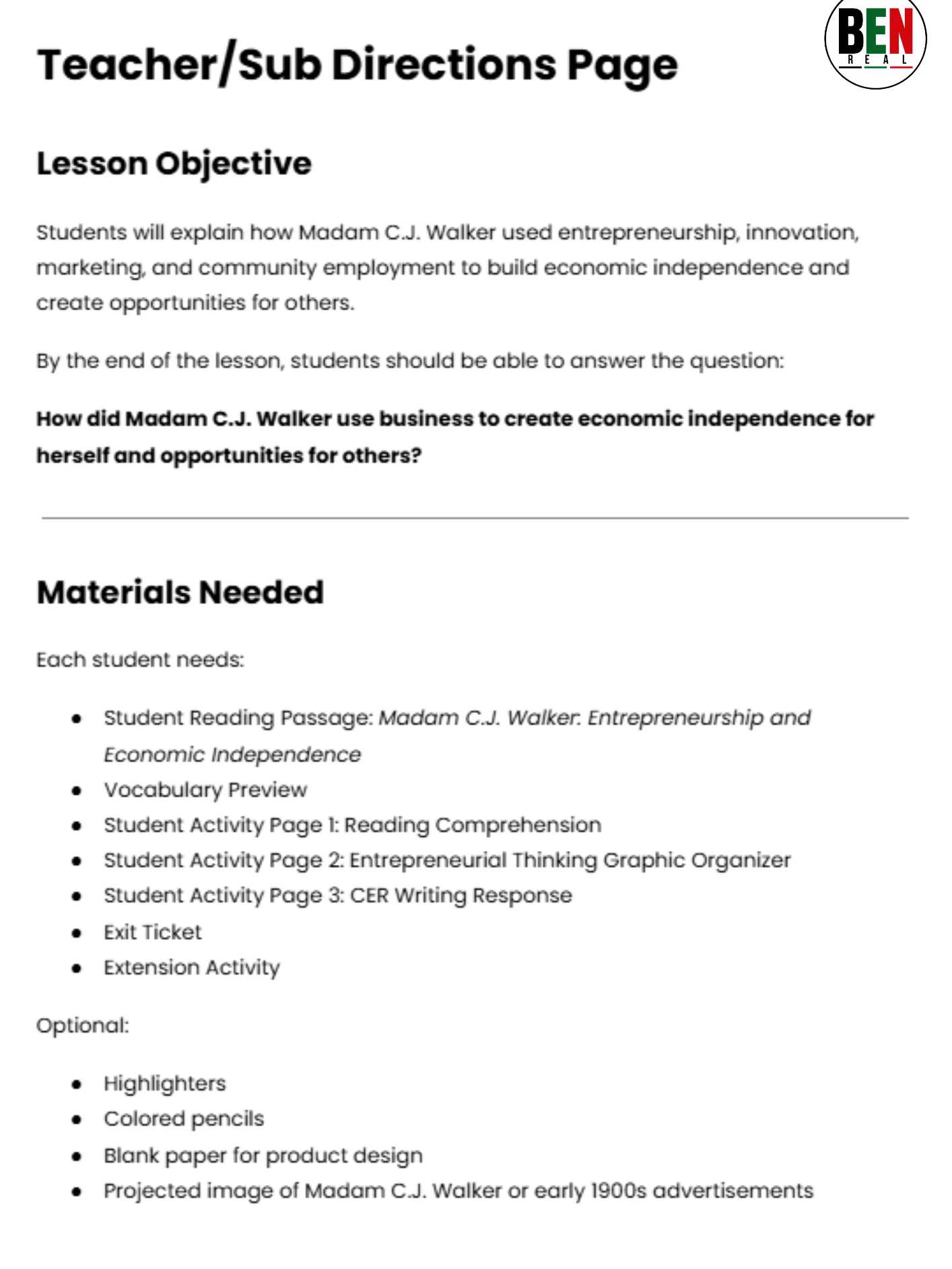 Black History 365 Sub Plan: Madam C.J. Walker: Entrepreneurship and Economic Independence| Middle School Economics| 60-Minute Lesson product image (4)