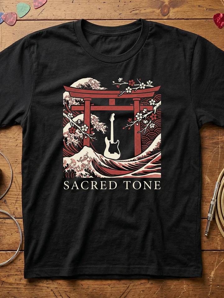 Sacred Tone Guitar T-Shirt — Japanese Torii Gate Guitarist Tee | Minimalist Music T-Shirt product image (1)