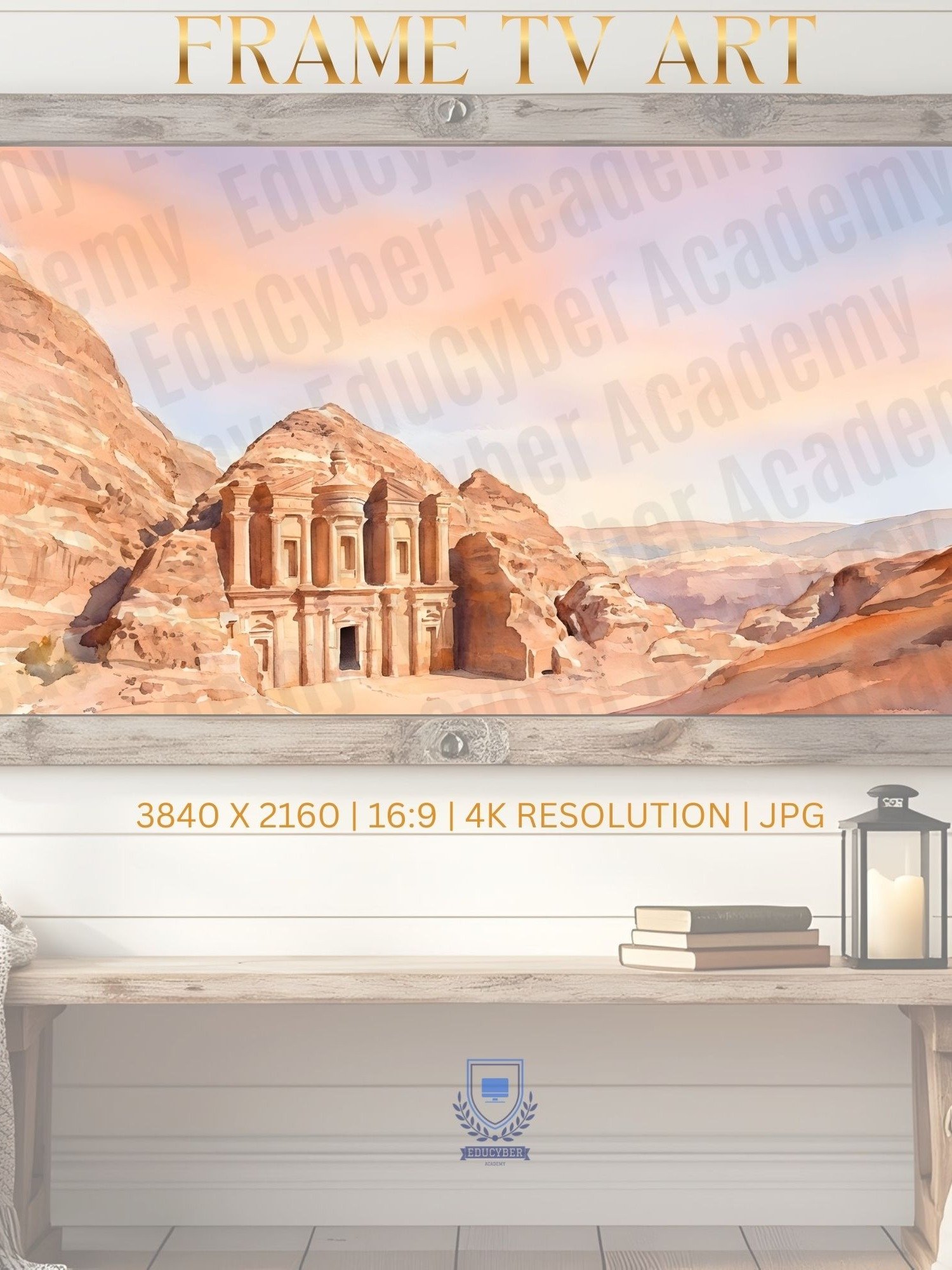 Seven Wonders of the World The Petra in Jordan Pastel Frame TV Art and Desktop Laptop Background Wallpaper Watercolor Image 4K Resolution 300 dpi product image (5)