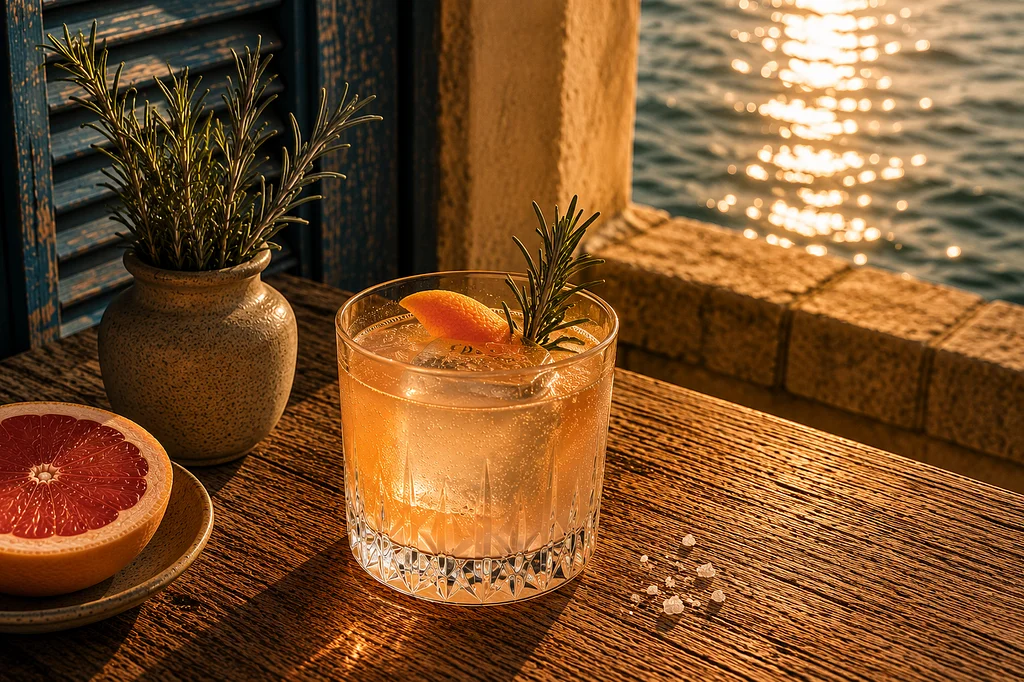 Grapefruit cocktail with rosemary garnish on a coastal table at golden hour, beside fresh grapefruit and a potted herb overlooking the ocean.