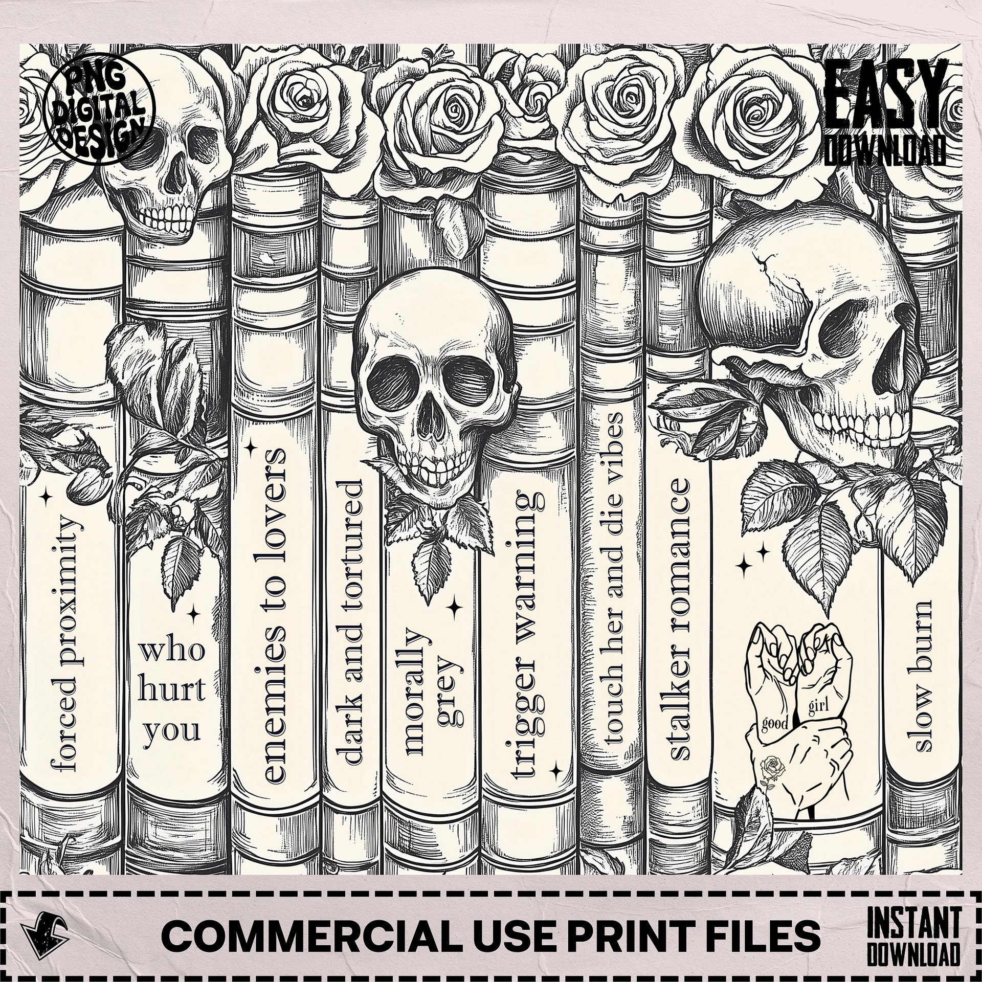Dark Romance Skull Roses Vintage Line Art Smutty Book Tropes 20oz Tumbler Full Wrap PNG, Seamless Sublimation Design, Digital Download product image (6)
