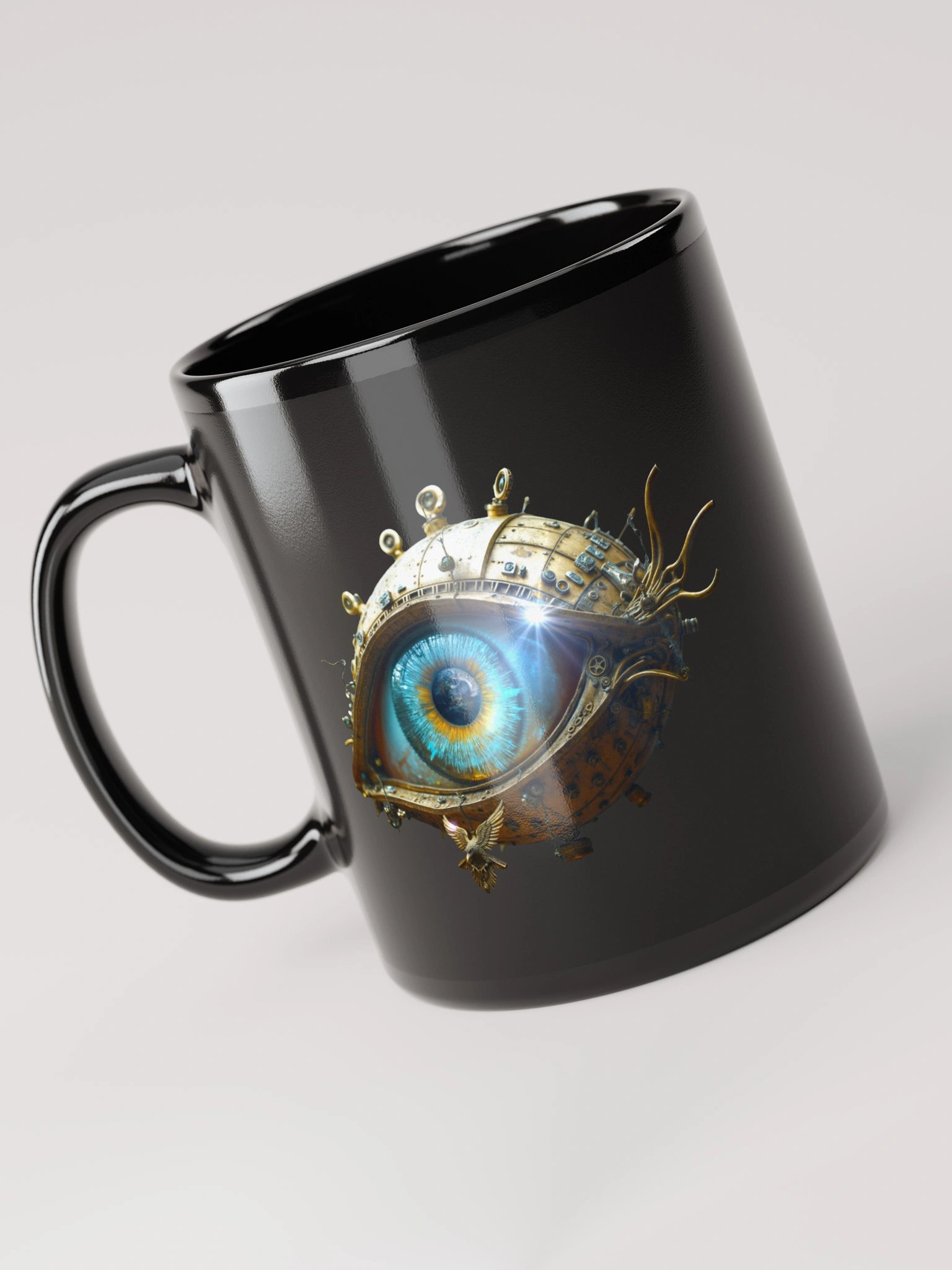 “Wake Up” black glossy mug – cinematic eye artwork from Seven Shades of Nothing product image (6)