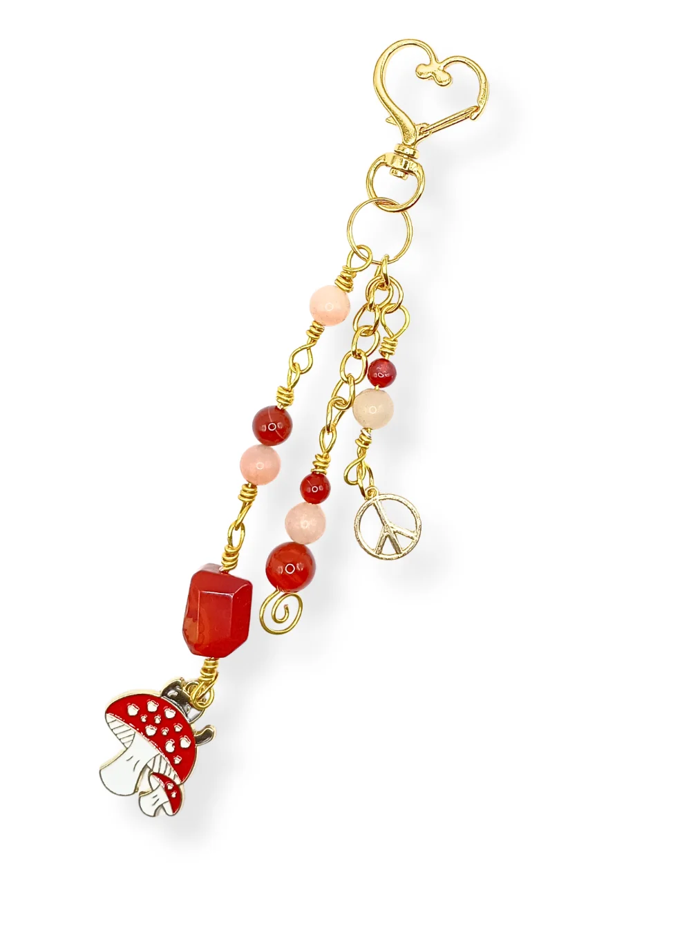 Black Cat & Mushroom Purse Charm | Carnelian & Peach Aventurine, Gold-Tone | "Happy Camper" product image (2)