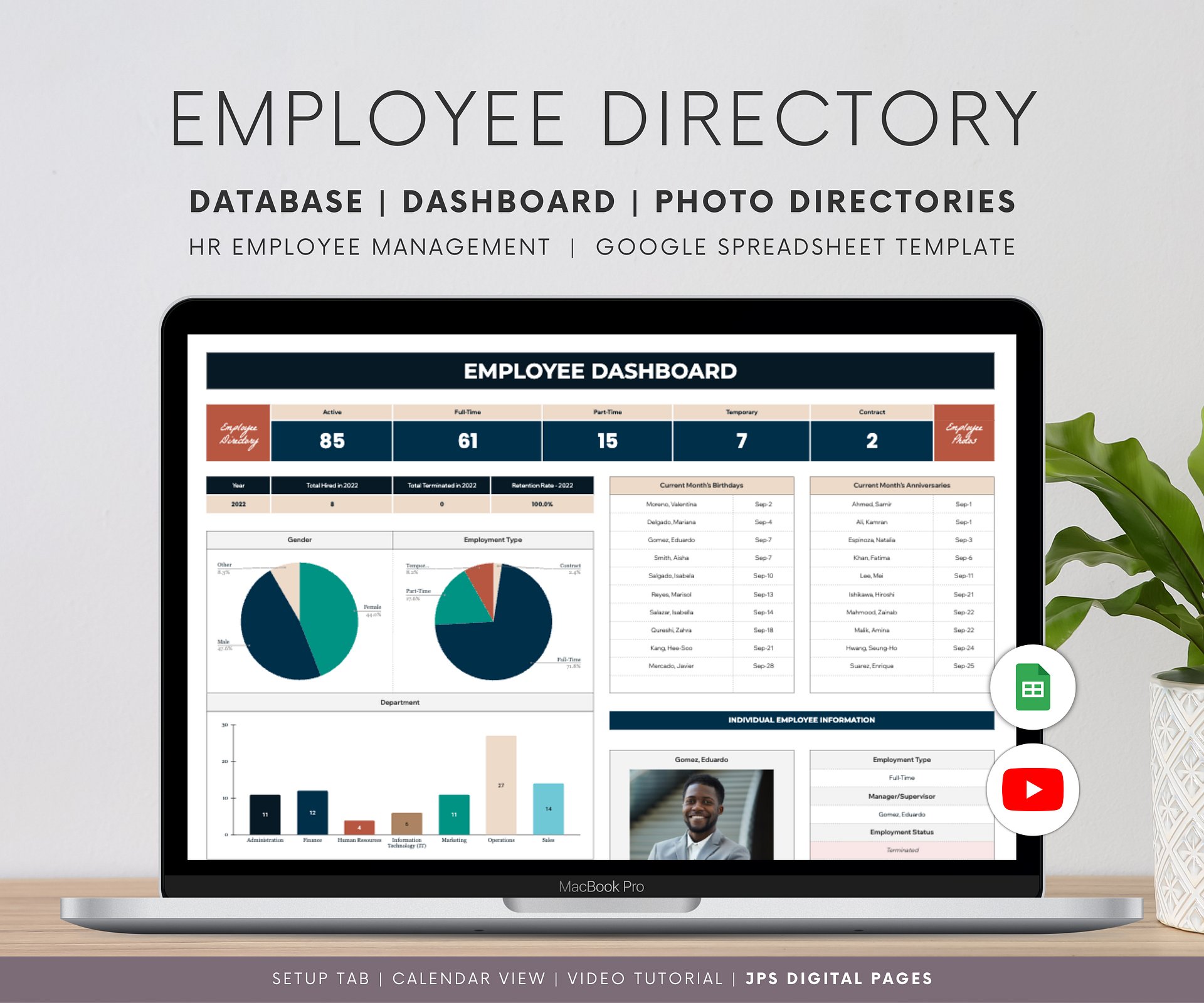 Employee Directory & Dashboard Spreadsheet, Google Sheets Template ...