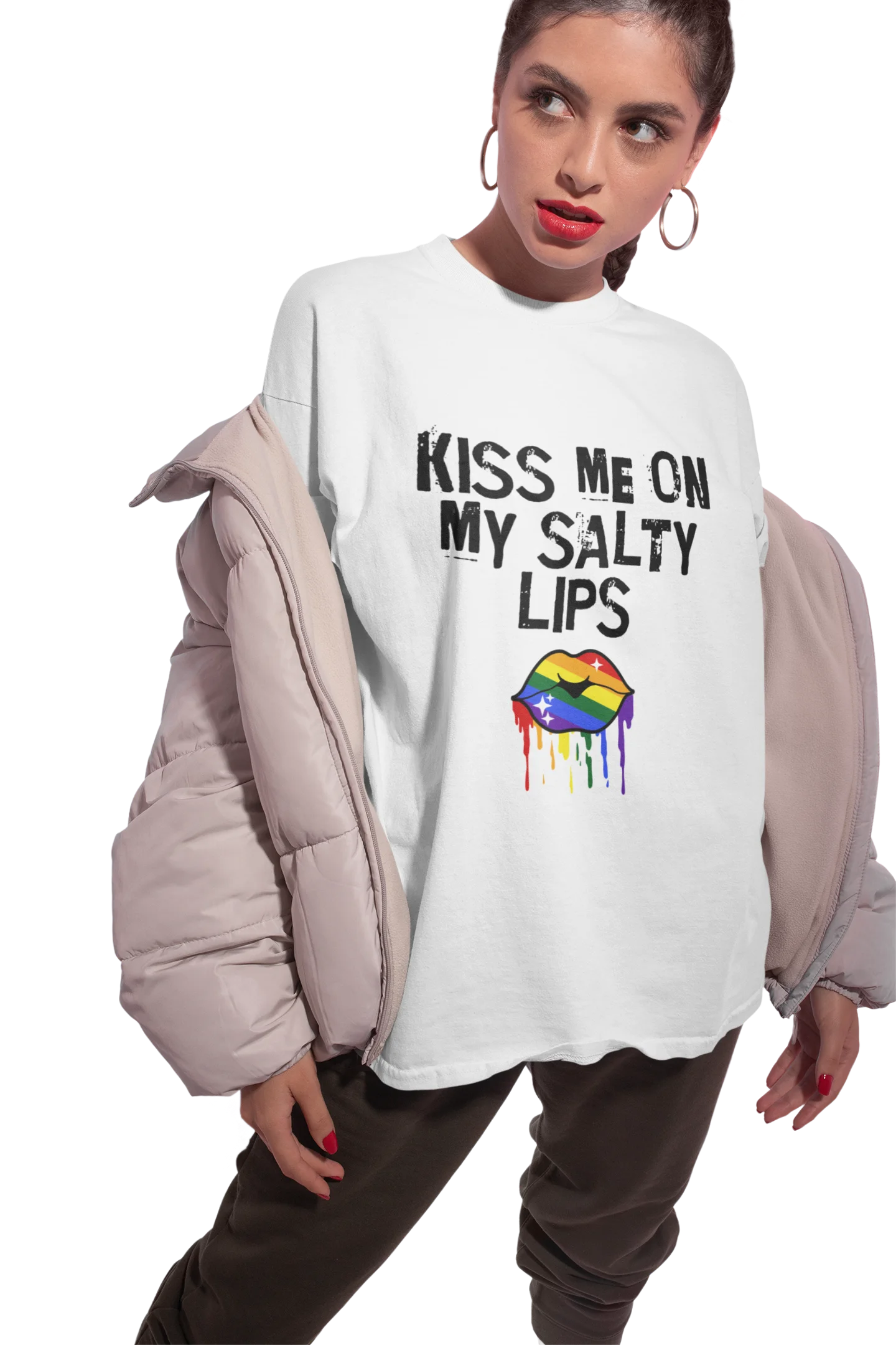 LGBTQ+ T-Shirt - Kiss Me On My Salty Lips Rainbow (White) product image (8)