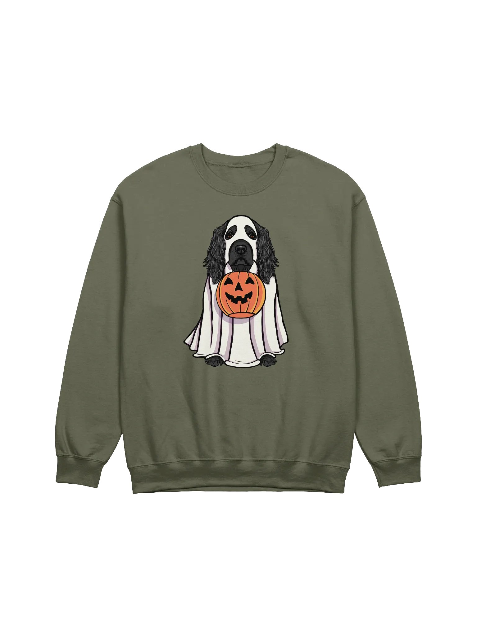 Funny Halloween Cocker Spaniel(Black) Sweatshirt | Funny Cocker Spaniel Wearing a Ghost Costume and Holding a Pumpkin Basket product image (1)