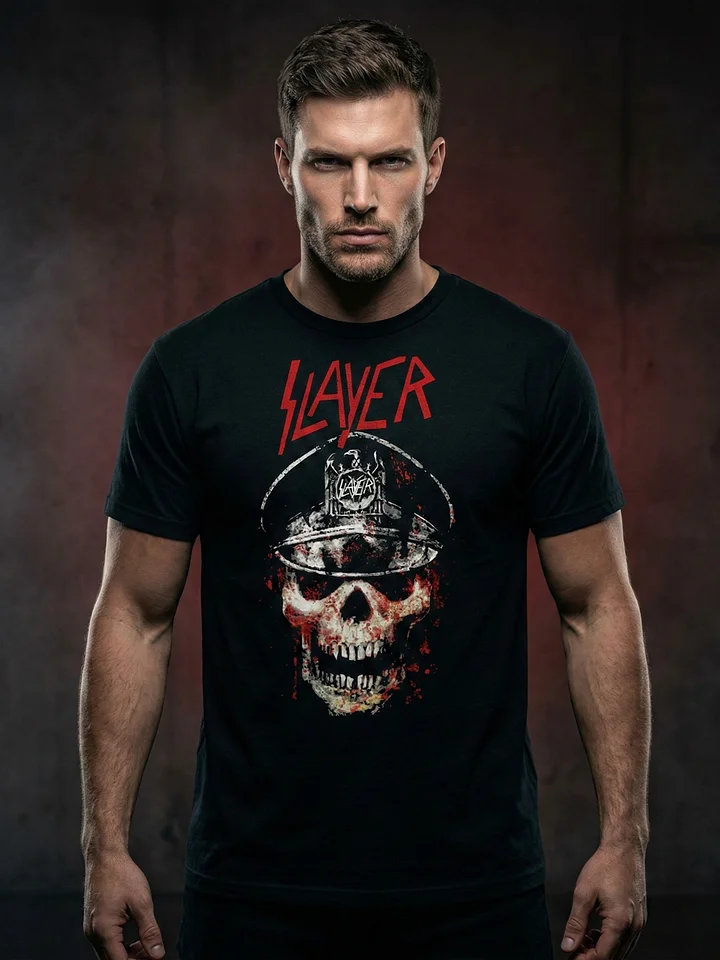 Slayer T-Shirt Military Skull Dark Art Blood Red Logo | Thrash Metal Graphic Tee Reign in Blood | Big Four Heavy Metal Collector Shirt product image (1)