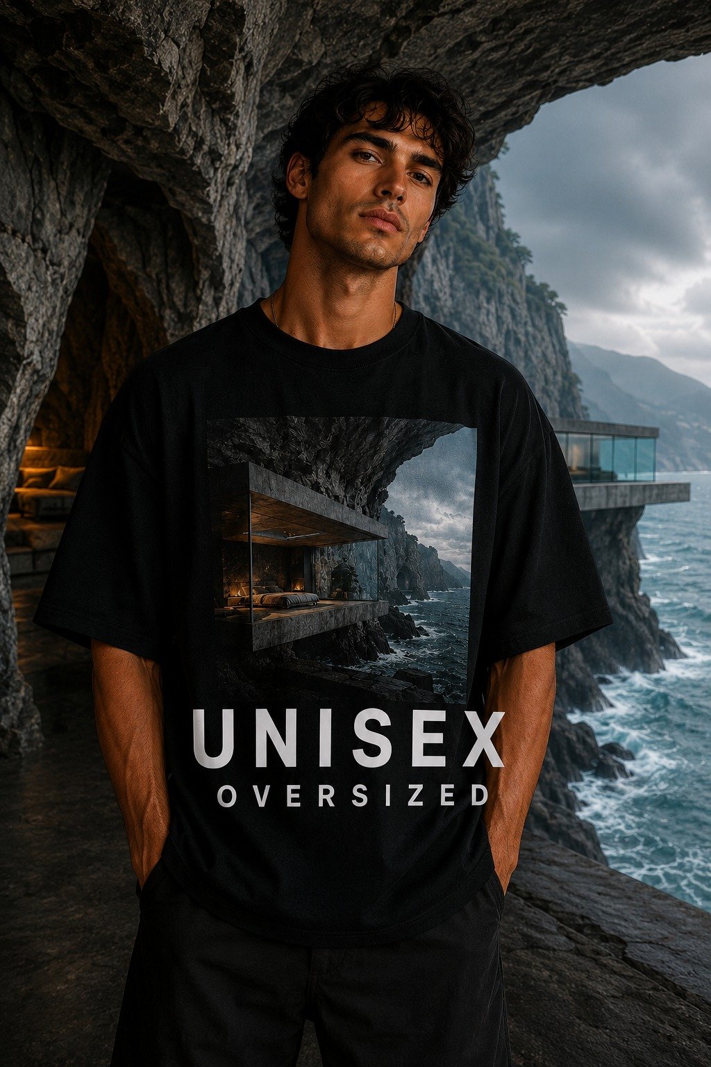 Dark Coastal Cliffside Architecture T-Shirt | Unisex Oversized Graphic Tee product image (1)