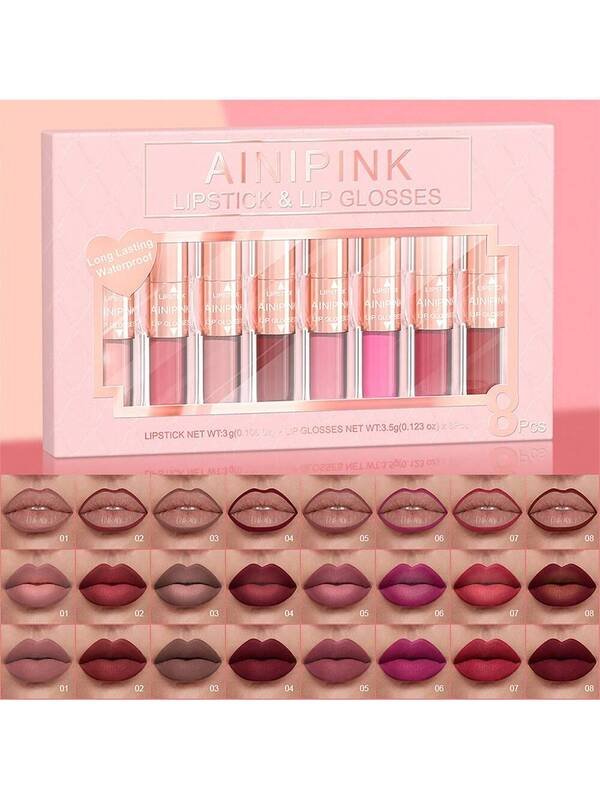 AINIPINK 8pcs [ Lip Gloss + Lipstick ], 2-In-1 Matte Easy To Color, Waterproof, Sweat-Proof, Non-Stick To Cup, Non-Fading, Long-Lasting, Exquisite, Suitable For Gifts, Festival Makeup product image (5)