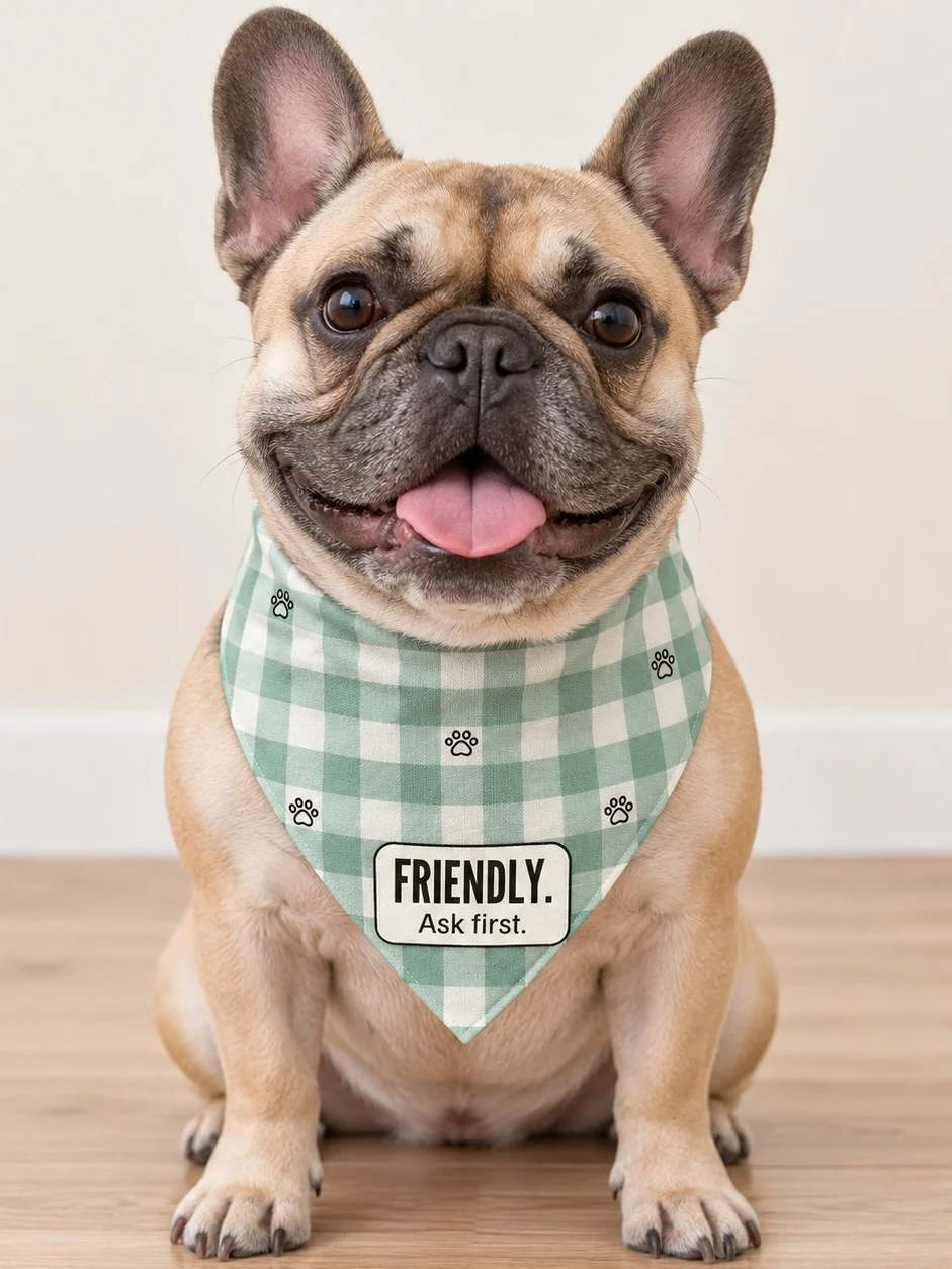 Friendly, Ask First Dog Bandana (Sage Gingham)