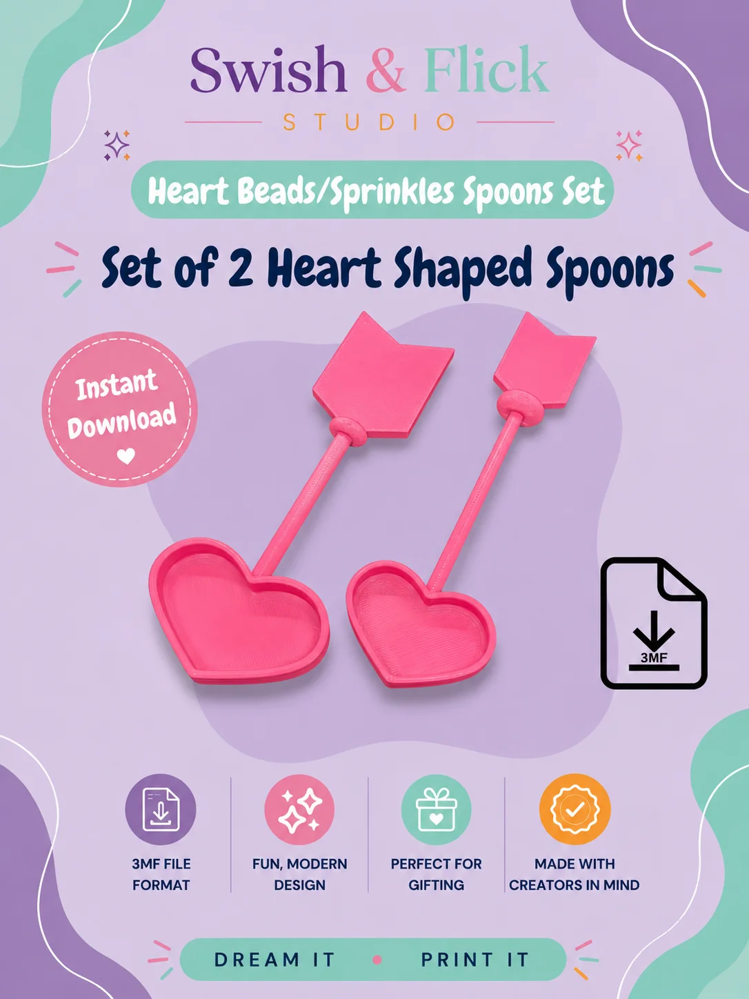 Heart Sprinkle Spoon Set 3MF File, Cookie Decorating Tool Digital Download, Bead Scoop 3D Print File, Baking Tool STL, Sprinkle Scoop STL product image (1)