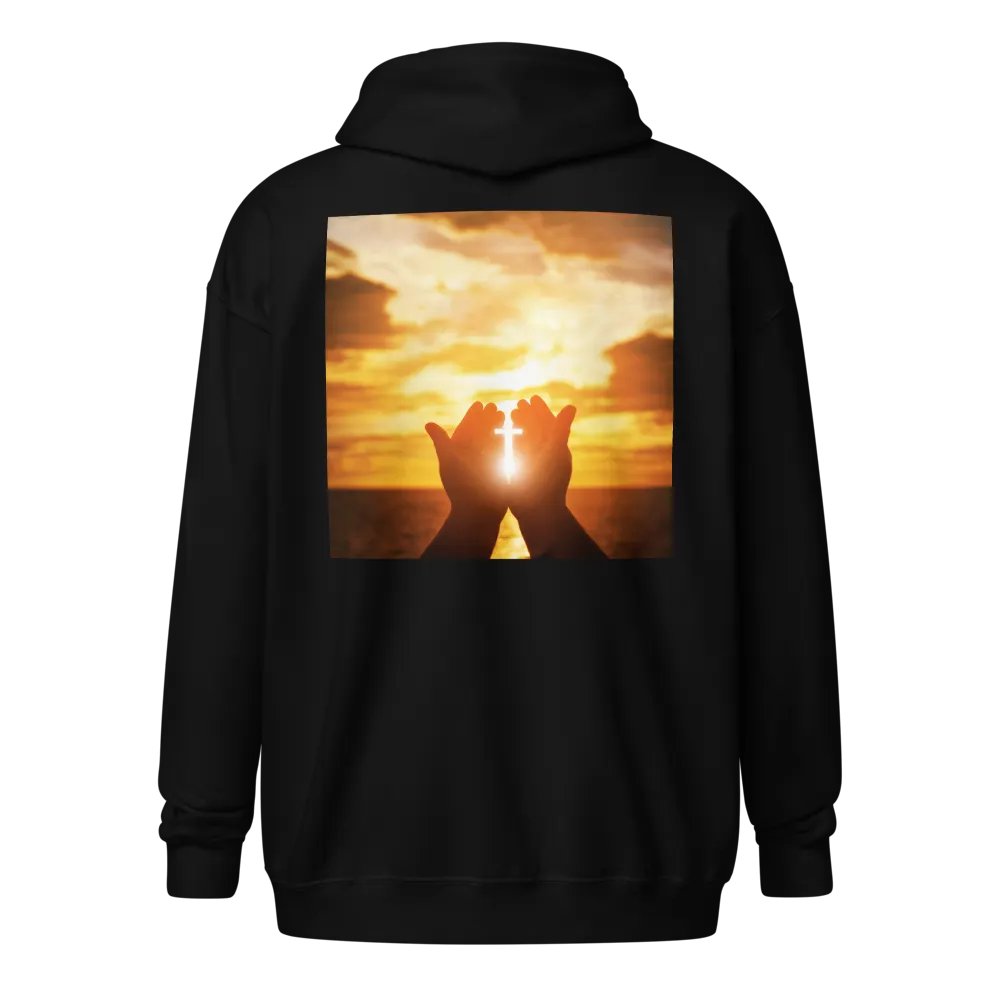 Cupped hands holding a glowing cross silhouette Hoodie product image (1)