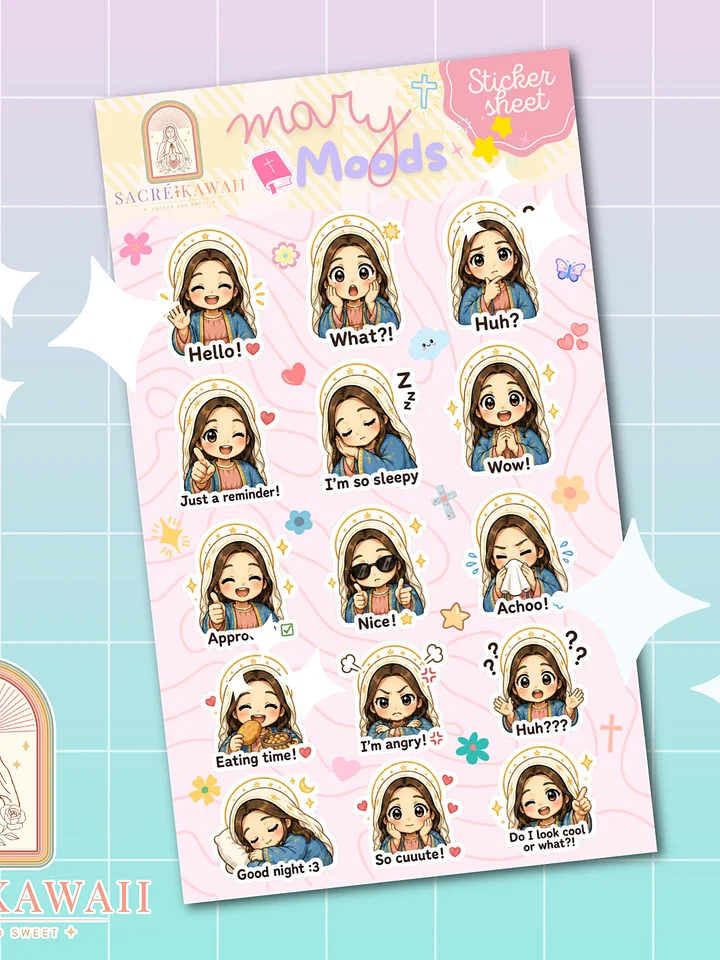 Chibi Mary Moods Sticker Sheet | Matte Vinyl Journal Stickers (15 Mini Expressions) product image (2)