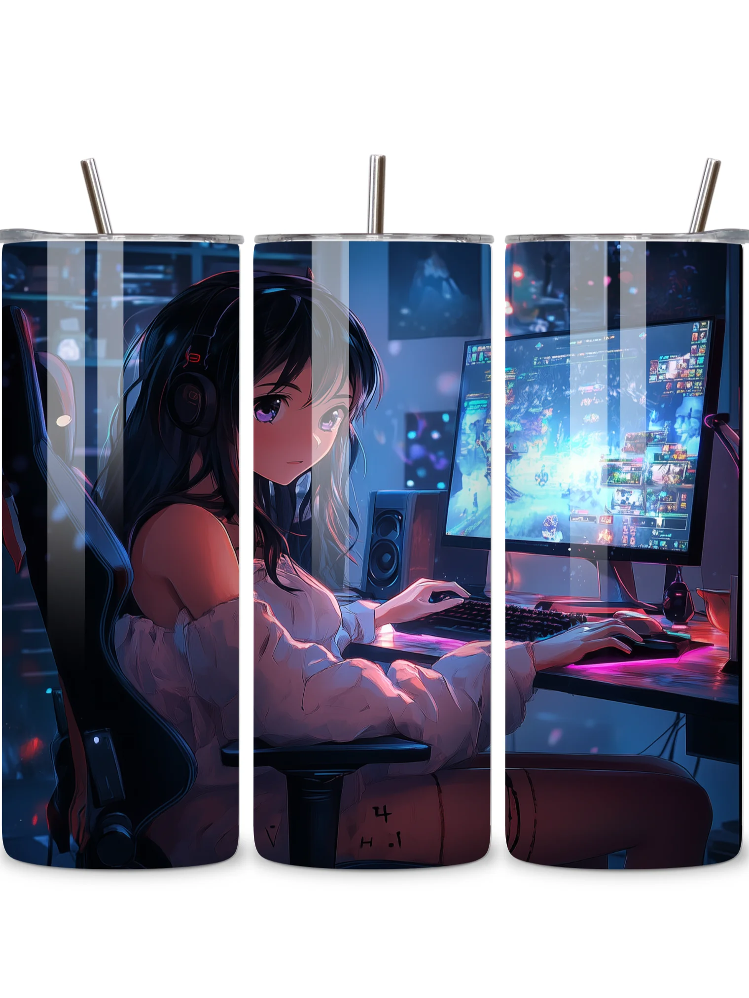 Anime Gamer Girl 20oz Skinny Tumbler with Metal Straw – Vibrant Gaming Setup Design – Double-Walled Insulated Stainless Steel Tumbler Gift for Anime and Gaming Fans (Anime Girl 2) product image (5)