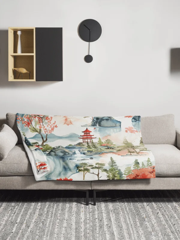 Japanese Pagoda Watercolor Throw Blanket - Zen Landscape Art Fleece product image (14)